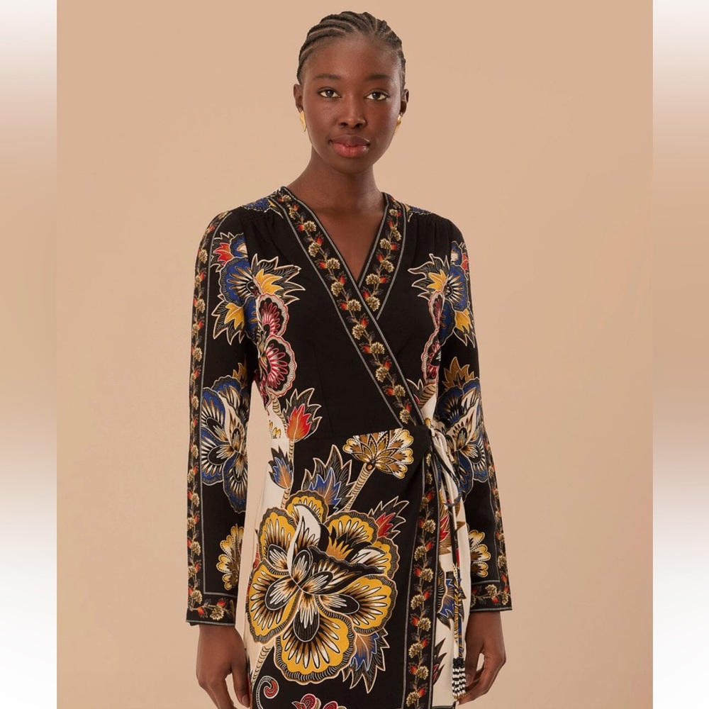 Farm Rio Black Maxi Floral Lenzing Ecovero Vicose Wrap Mini Dress